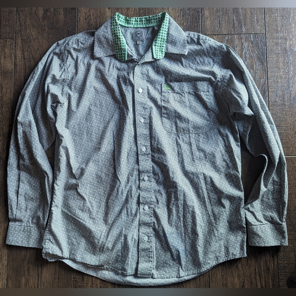 CINCH Long Sleeve Button Down Western Dress Shirt ~ Black & White w/ Green Sz S